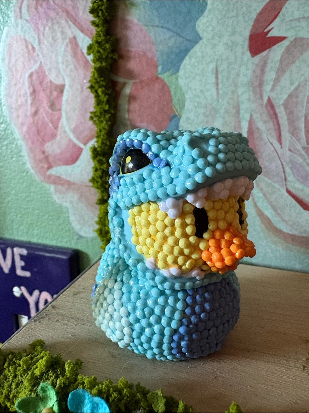 Blue T-REX Duck Figurine with Yellow Face and Orange Beak